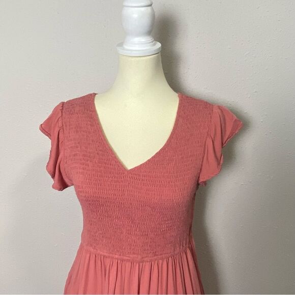 MEROKEETY Women's Flutter Sleeve Smocked Midi Dress V Neck Casual Tiered Size L - Picture 4 of 14